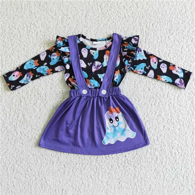 GLD0026 Halloween BOO ghost long-sleeved purple suspender skirt suit mini skirt trendy