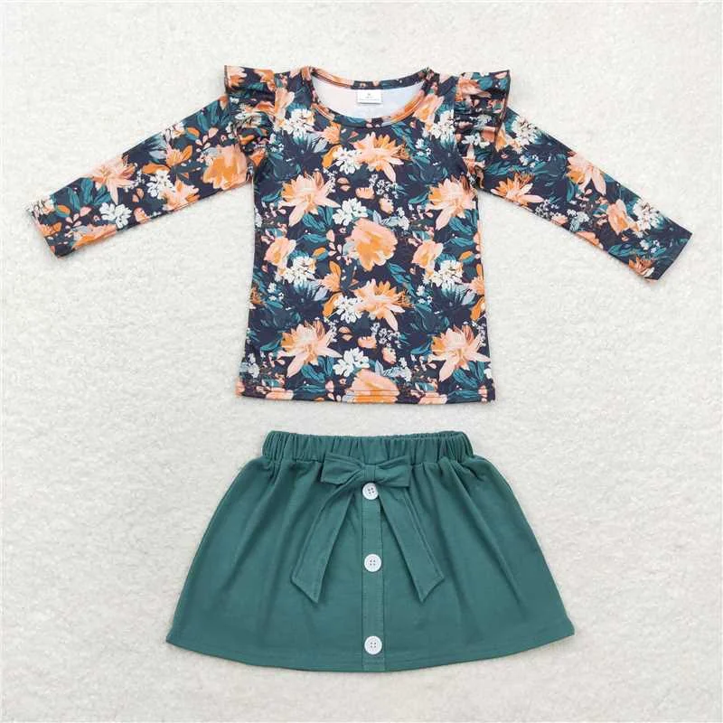 GLD0590 Baby Girls Fall Navy Flowers Shirts Skirt Clothes Sets silk skirt elegant