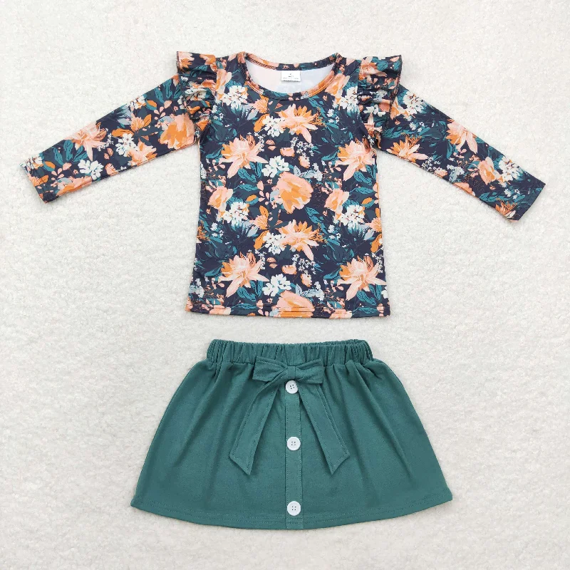 GLD0590 Floral long sleeve dark green skirt set corduroy skirt durable