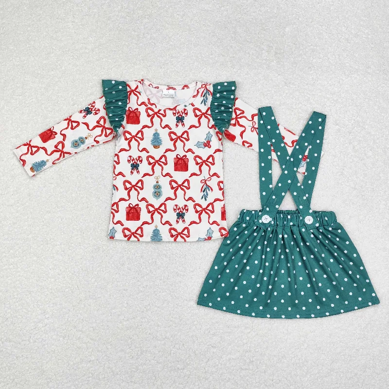 GLD0617 Baby Girls Christmas Bows Gifts Tunic Top Suspender Skirt Clothes Sets chiffon skirt delicate