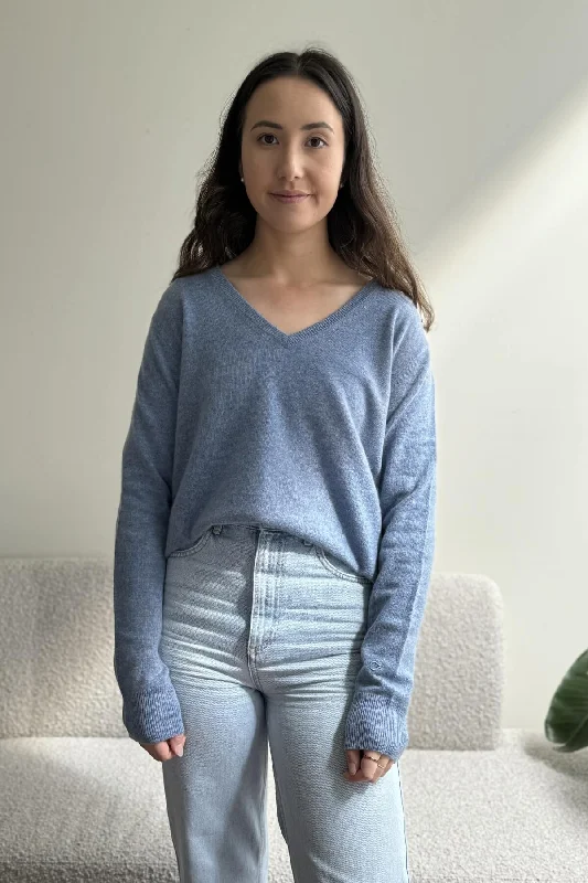 Grace Cashmere V-Neck Jumper - Denim Long Sweater Short Sweater Cropped Sweater