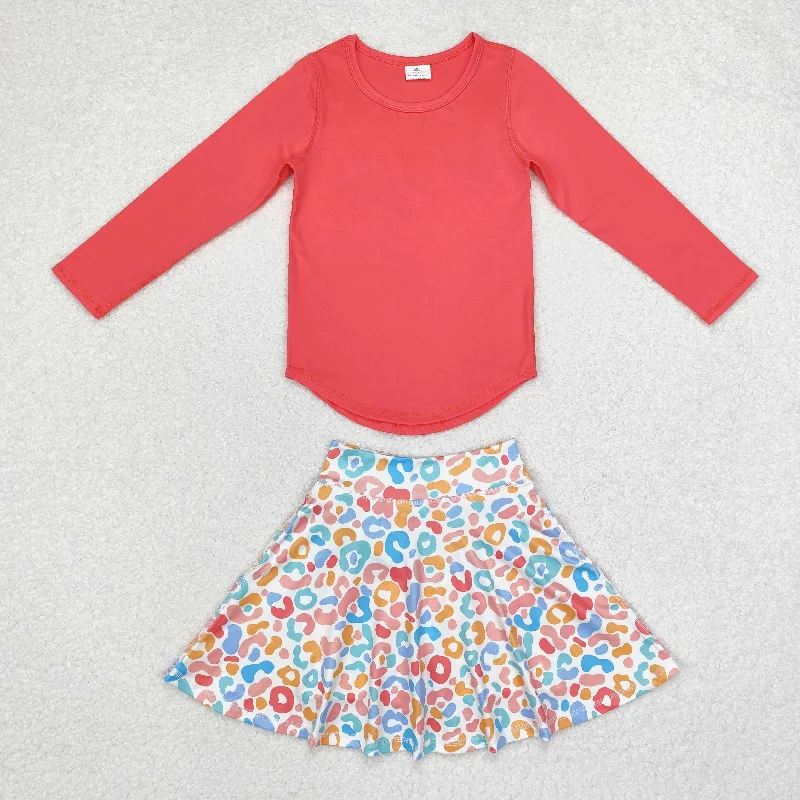 GT0643+ GLK0026 Baby Girls Coral Long Sleeve Leopard Colorful Skirts Set asymmetrical skirt cut