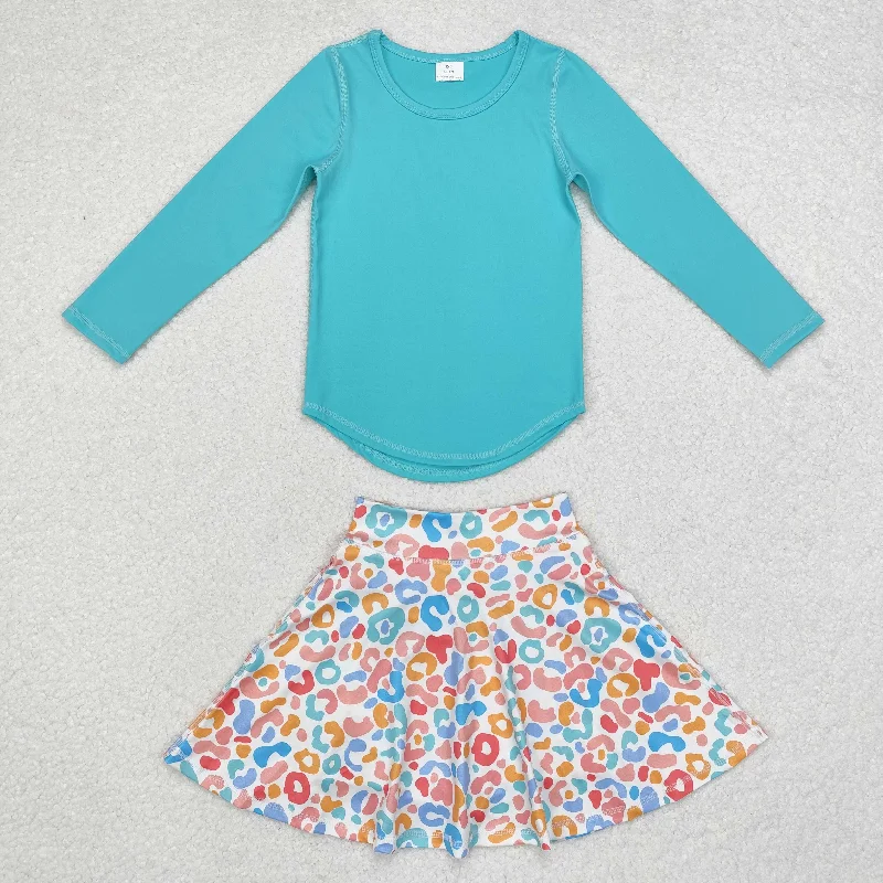 GT0644+GLK0026 Baby Girls Green Top Colorful Leopard Skirts Clothes Set button skirt front