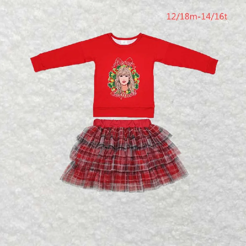 GT0703+GLK0033 Christmas red long sleeve skirt set lace skirt delicate