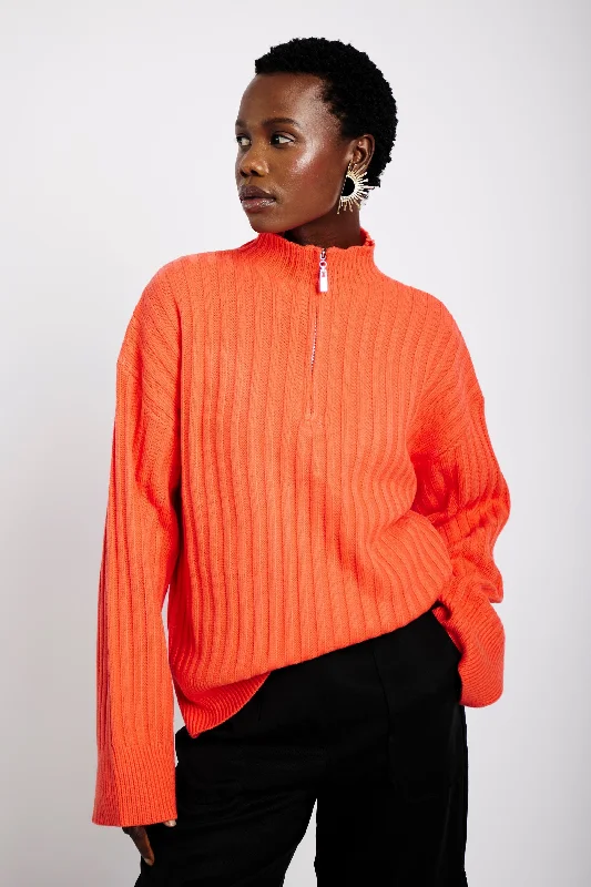 Half Zip Jumper in Coral Solid Print Embellished