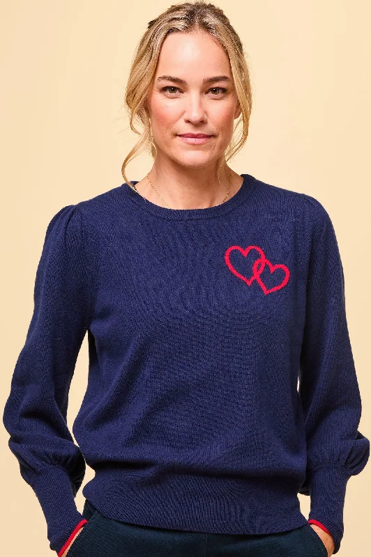 Merino Wool Hearts Crew Neck Jumper | Navy/Red Terry Blend Velvet Blend Canvas Blend