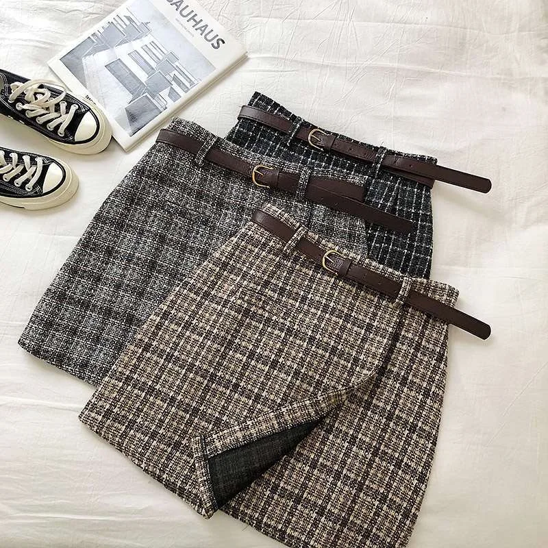 High Waist A-line Mini Skirt Vintage Casual Women Plaid Skirt Chic Sashes Korean style Lady Skirt Female Autumn Sweet lace skirt delicate