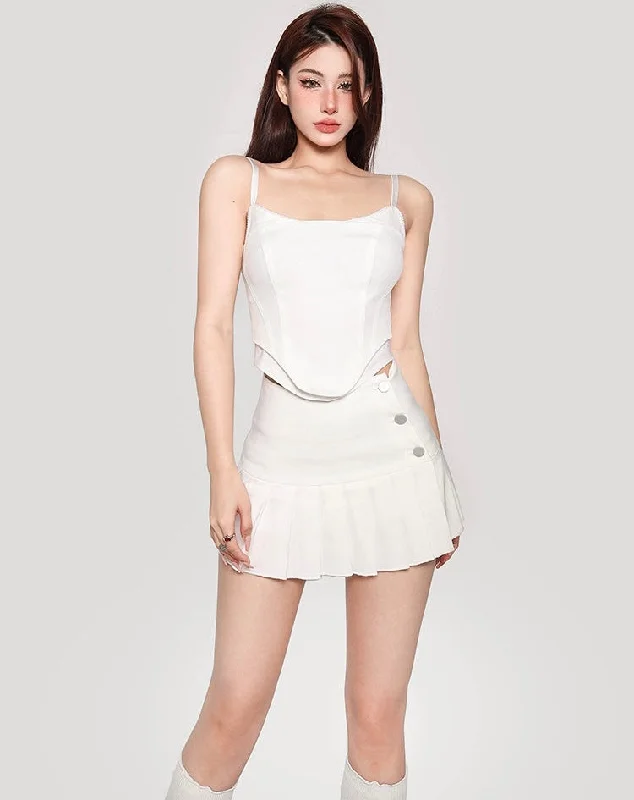 Hilary Solid Color Spaghetti Strap Bustier Top + High Waist Pleated Mini Skirt Matching Set wool skirt sturdy