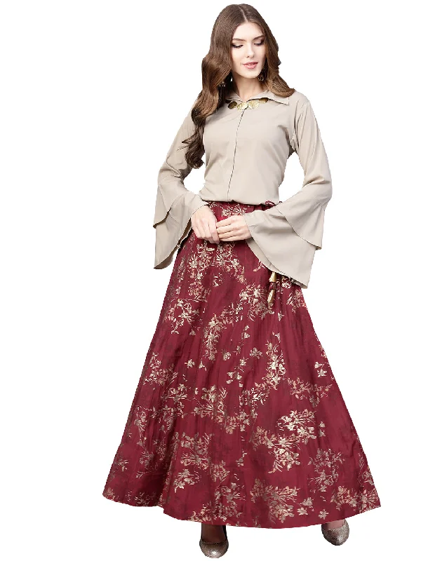 Jashvi Indowestern  Beige & Maroon  Shirt  With Skirt Set denim skirt fashionable