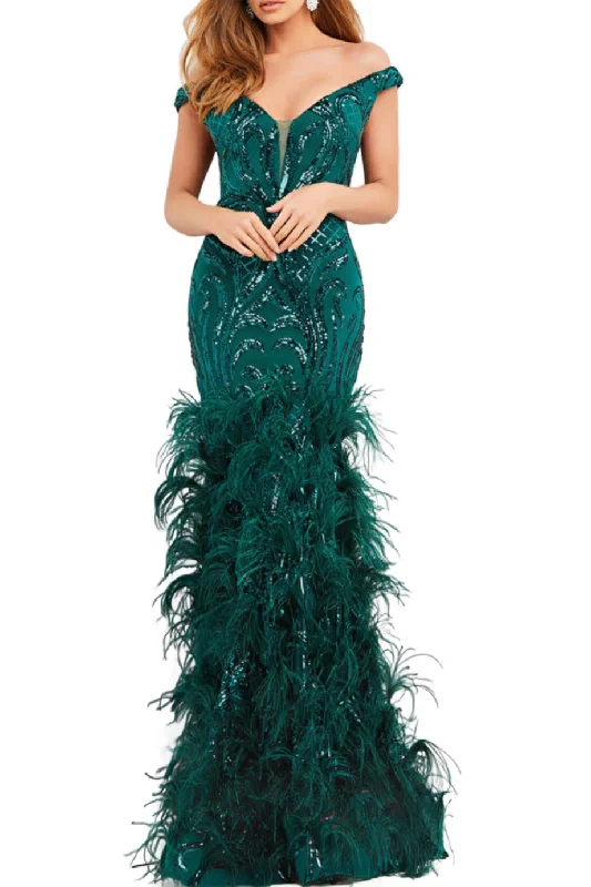 Jovani feather skirt sequin mermaid gown lace skirt intricate