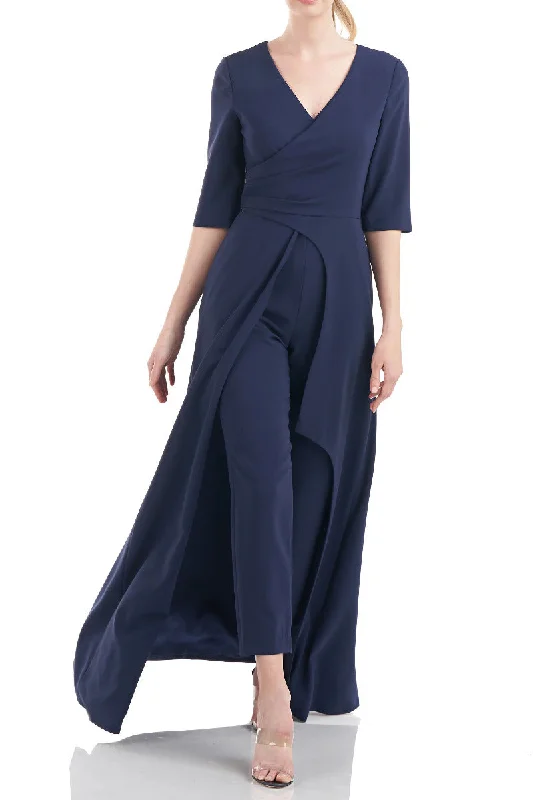 Kay Unger V-Neck 3/4 Sleeve Solid Zipper Back Full-length skirt with walk-through front cutout Crepe pencil skirt chic