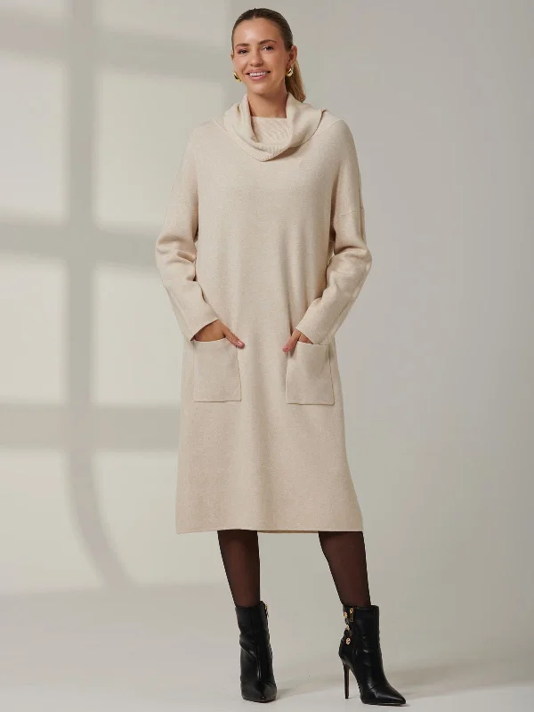 Knitted Turtleneck Longline Jumper, Beige Heather Toggled Drawstring Belted