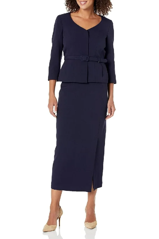 Le Suit Crepe Collarless Belted Jacket and Column Skirt Set spandex blend skirt