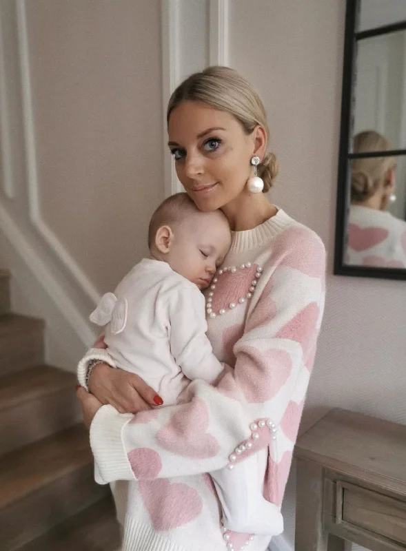 Lily & Bean Ivory / Pink Pearl Embellished Heart jumper UK S Boxy Sweater Fitted Sweater A-Line