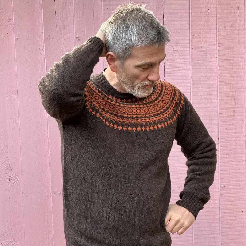 Lowie Mens Chocolate + Orange Fairisle Jumper Modern Contemporary Chic