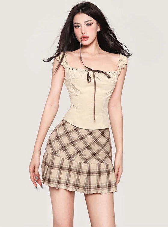 Maya Solid Color Khaki Lace Tie Wide Sleeve Square Neck Slim Top + Khaki Plaid High Waist Mini Skirt Matching Set denim skirt classic