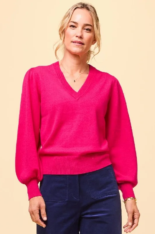 Merino Wool V-neck Jumper | Bright Pink Welt Pockets Slit Pockets Flap Pockets