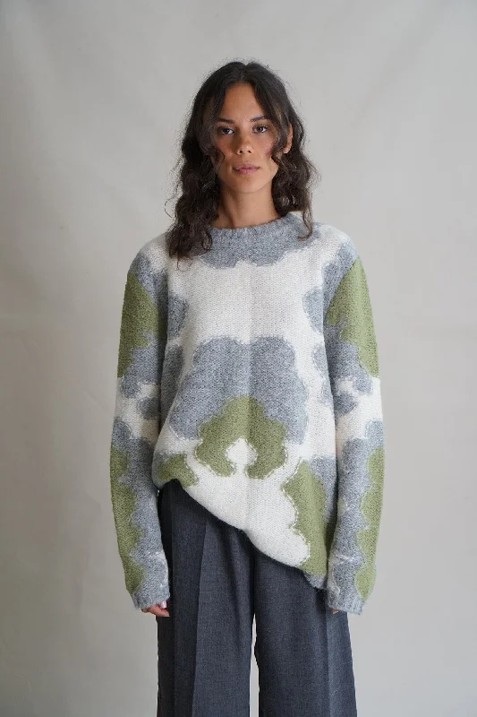 Mid Century Motif Intarsia Jumper - Moss Hooded Sweater Collared Sweater Shawl Collar