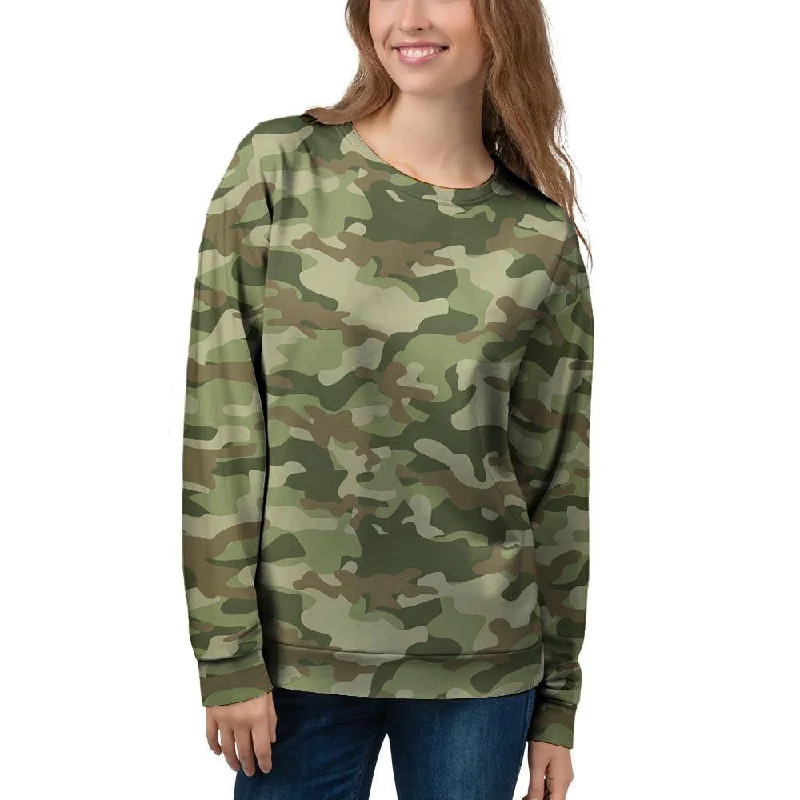 Military Green Camo Print Women's Sweatshirt Hoodie with Ribbed Neckline Snug Warm