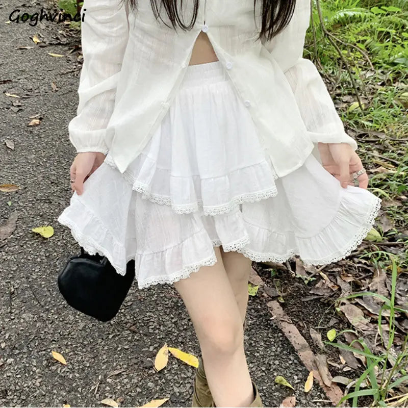 Mini Skirts Women Summer Ruffles Design Solid Sweet Fashion High Waist Lovely Korean Style All-match Girlish Tender New Simple velvet skirt plush