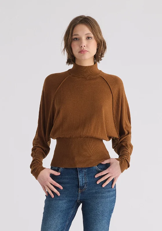 Mock Neck Batwing Jumper with Ruched Cuffs Bright Pastel Dark