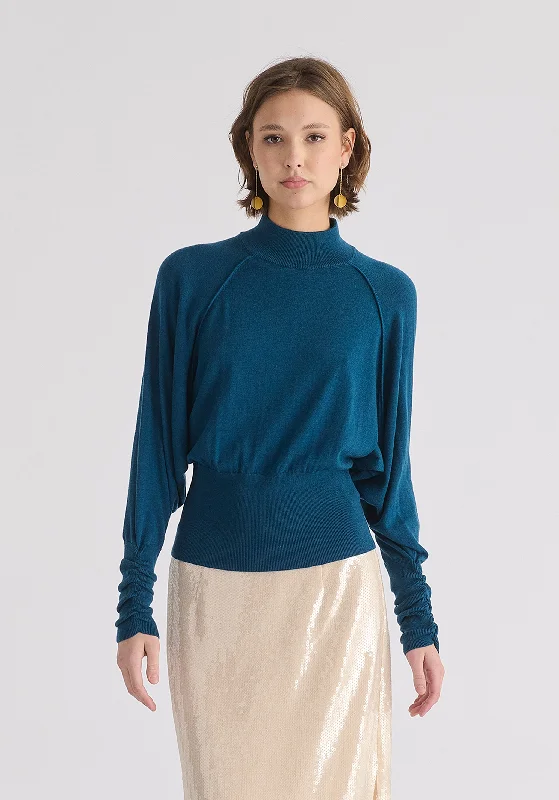 Mock Neck Batwing Jumper with Ruched Cuffs Jersey Fabric Tulle Fabric Batik Fabric