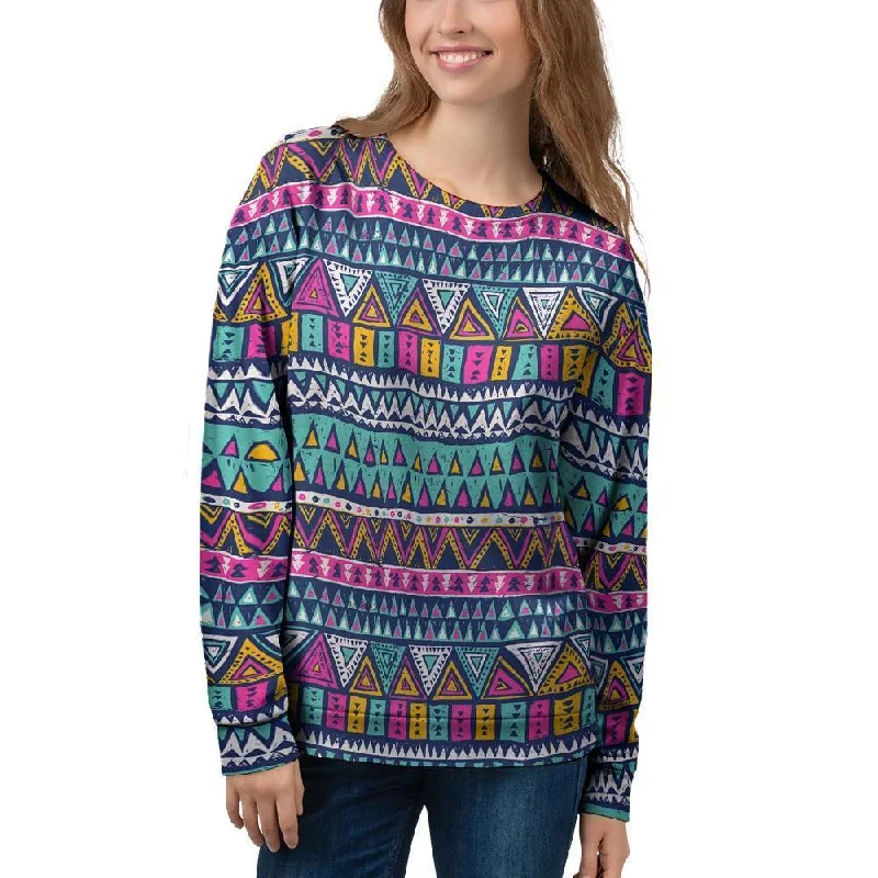 Multicolor Native Aztec Trippy Striped Women's Sweatshirt Zip Hoodie Drawstring Kangaroo Pocket