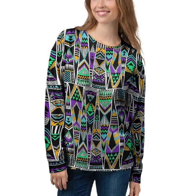 Multicolor Native Aztec Vintage Trippy Women's Sweatshirt Hoodie with Hem Contrast Bold Stylish