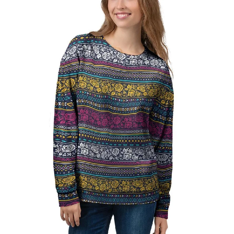 Multicolor Rose Floral Abstract Tribal Aztec Women's Sweatshirt Hoodie with Hem Elastic Stretchable Comfortable