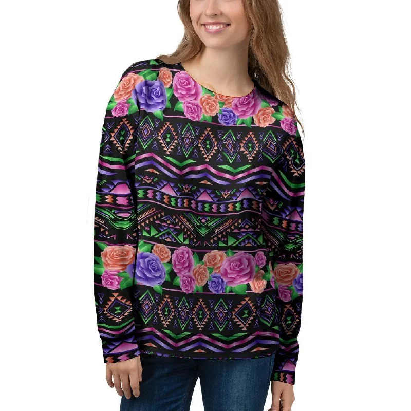 Multicolor Roses Ethnic Tribal Aztec Women's Sweatshirt Hoodie with Back Slit Movement Comfort