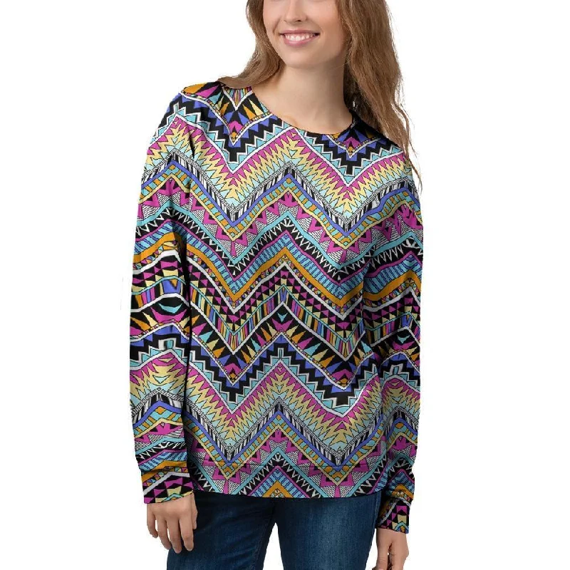 Multicolor Zigzag Indian Aztec Women's Sweatshirt Hoodie with Slit Hem Functional Movement