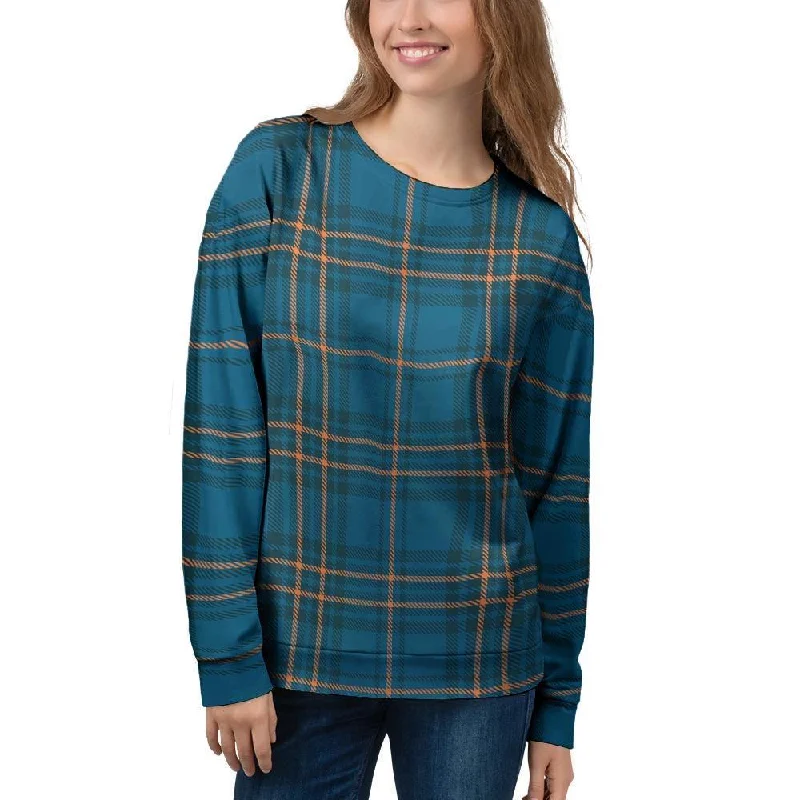 Navy Blue Plaid Tartan Women's Sweatshirt Hoodie with High Neck Warm Protective