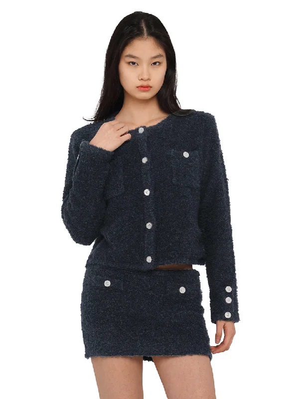 Navy Contrasting Buttons Knit Cardigan & Skirt Set wool skirt sturdy