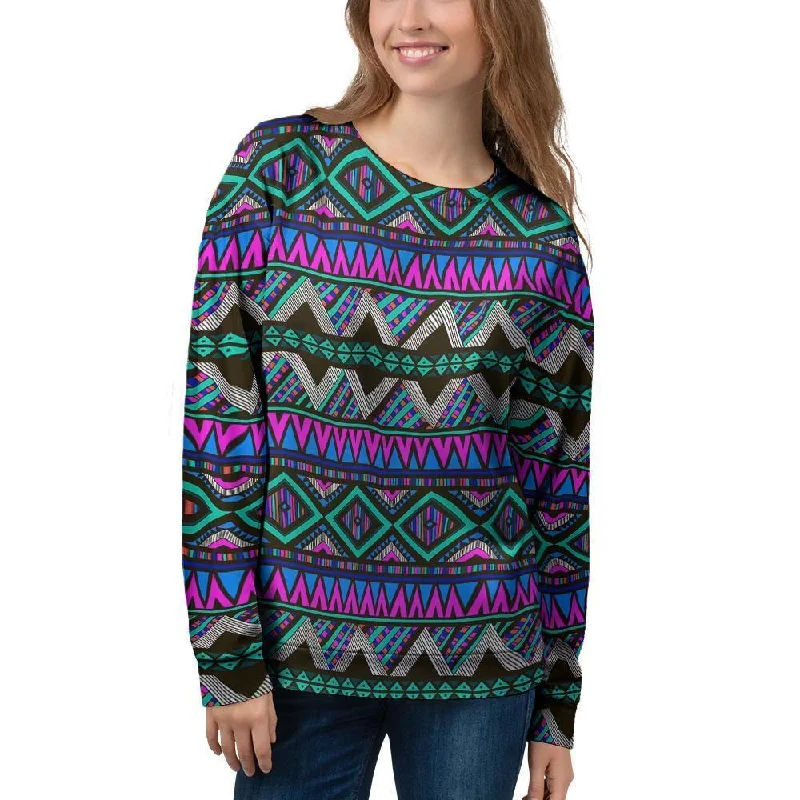 Neon Color Indian Aztec Trippy Women's Sweatshirt Hoodie with Frayed Bohemian Relaxed Neon Color Indian Aztec Trippy Women's Sweatshirt Hoodie with Frayed Bohemian Relaxed