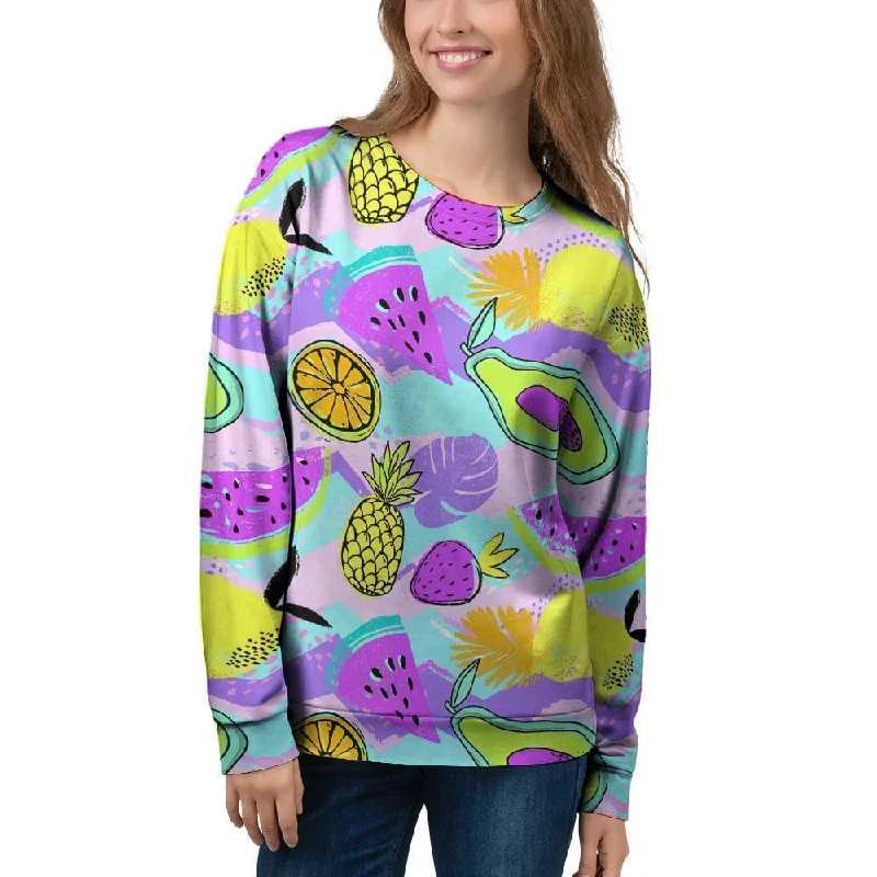 Neon Mix Fruit Pineapple Hawaiian Print Women's Sweatshirt Hoodie with Stripes Bold Sporty Neon Mix Fruit Pineapple Hawaiian Print Women's Sweatshirt Hoodie with Stripes Bold Sporty