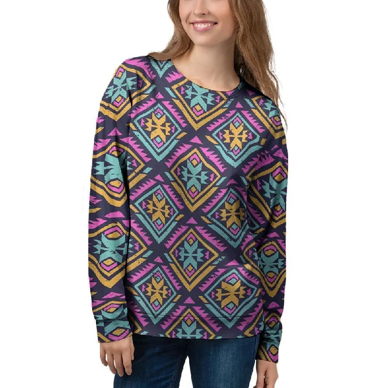 Neon Multicolor Ethic Aztec Grunge Print Women's Sweatshirt Hoodie with Ribbed Cuffs Snug Fit Comfort Neon Multicolor Ethic Aztec Grunge Print Women's Sweatshirt Hoodie with Ribbed Cuffs Snug Fit Comfort