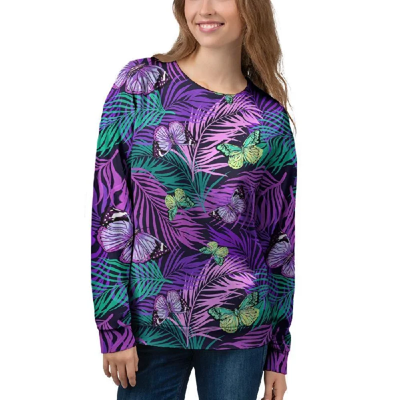 Neon Purple Tropical Palm Tree Butterfly Print Women's Sweatshirt Hoodie with Hem Embroidery Detailed Premium Neon Purple Tropical Palm Tree Butterfly Print Women's Sweatshirt Hoodie with Hem Embroidery Detailed Premium