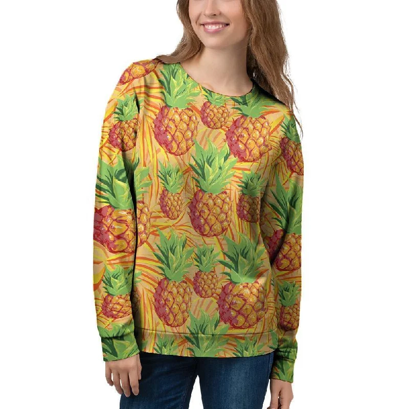 Neon Yellow Pineapple Hawaiian Print Women's Sweatshirt Hoodie with Hem Detail Decorative Unique Neon Yellow Pineapple Hawaiian Print Women's Sweatshirt Hoodie with Hem Detail Decorative Unique
