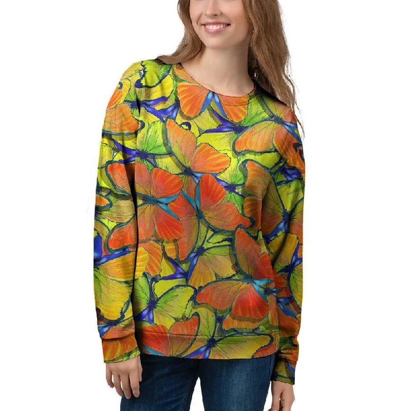 Orange And Blue Butterfly Print Women's Sweatshirt Hoodie with Full-Zip Functional Layering Orange And Blue Butterfly Print Women's Sweatshirt Hoodie with Full-Zip Functional Layering