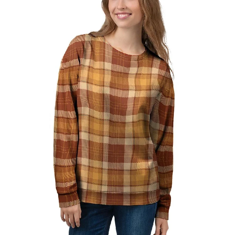 Orange Plaid Tartan Print Women's Sweatshirt Hoodie with Crew Neck Simple Timeless
