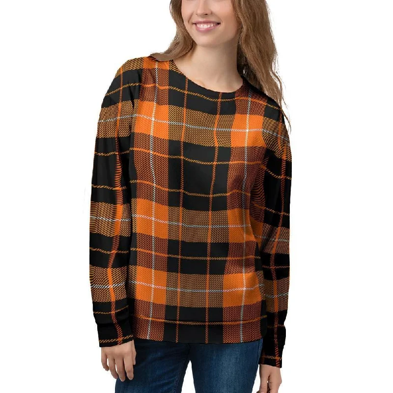 Orange Plaid Tartan Women's Sweatshirt Hoodie with Mock Neck Collared Structured