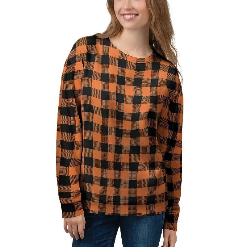 Orange Plaid Women's Sweatshirt Hoodie with Button Placket Classic Preppy