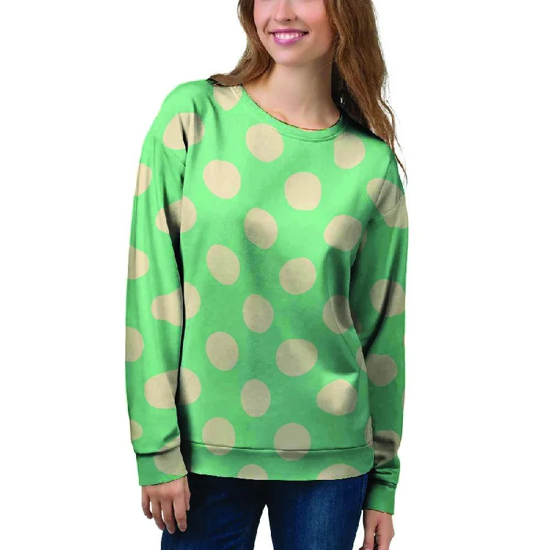 Pale Green Polka Dot Women's Sweatshirt Hoodie with Ribbed Neckline Snug Warm