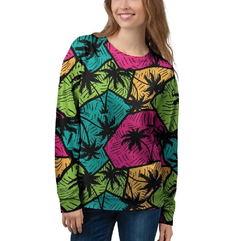Palm Leaf Hawaiian Print Pattern Women's Sweatshirt Hoodie with Puffed Sleeves Voluminous Trendy