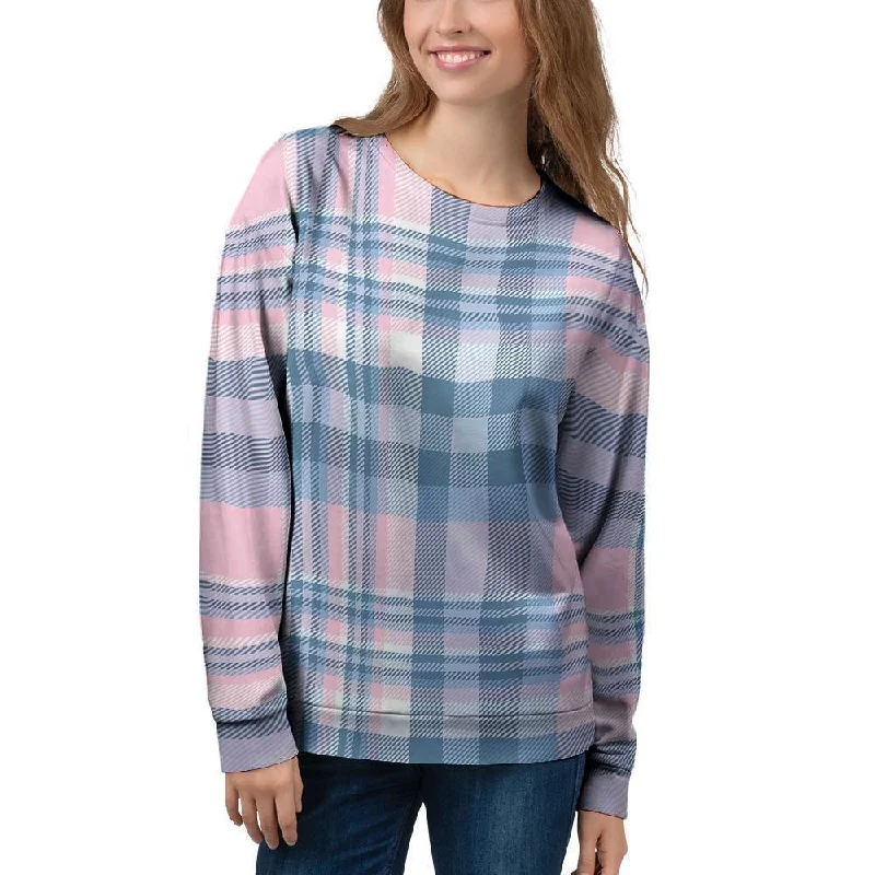 Pastel Blue And Pink Plaid Tartan Women's Sweatshirt Hoodie with Raglan Sleeves Sporty Comfortable Pastel Blue And Pink Plaid Tartan Women's Sweatshirt Hoodie with Raglan Sleeves Sporty Comfortable