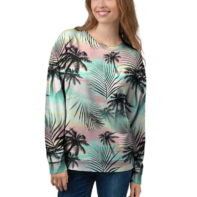 Pastel Palm Tree Hawaiian Print Women's Sweatshirt Hoodie with Relaxed Fit Easy Casual Pastel Palm Tree Hawaiian Print Women's Sweatshirt Hoodie with Relaxed Fit Easy Casual