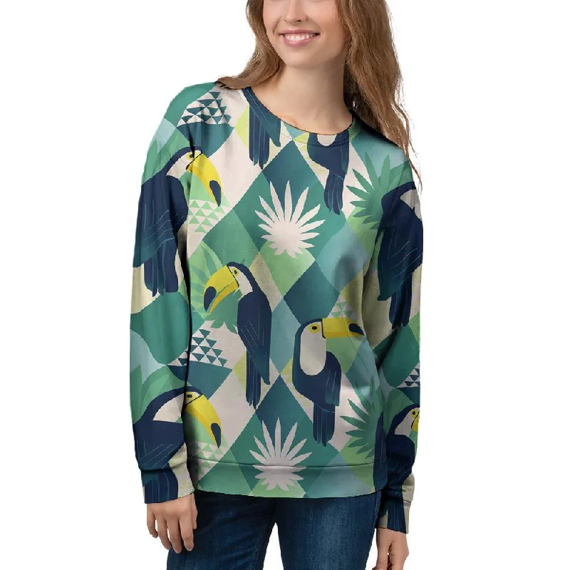 Patchwork Tropical Toucan Print Women's Sweatshirt Hoodie with Distressed Vintage Worn Patchwork Tropical Toucan Print Women's Sweatshirt Hoodie with Distressed Vintage Worn