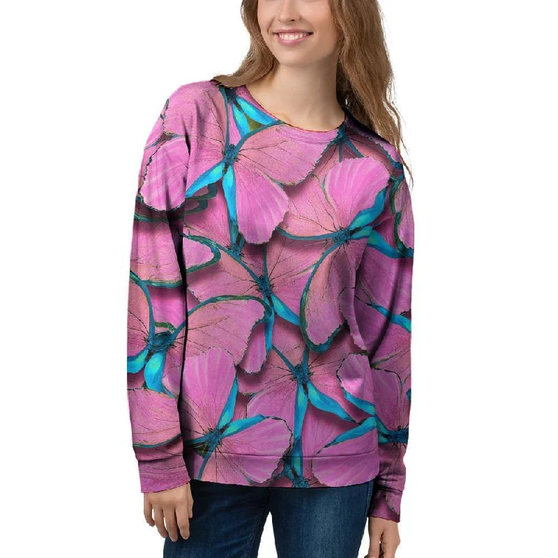 Pink And Blue Butterfly Print Women's Sweatshirt Hoodie with Button Classic Timeless Pink And Blue Butterfly Print Women's Sweatshirt Hoodie with Button Classic Timeless