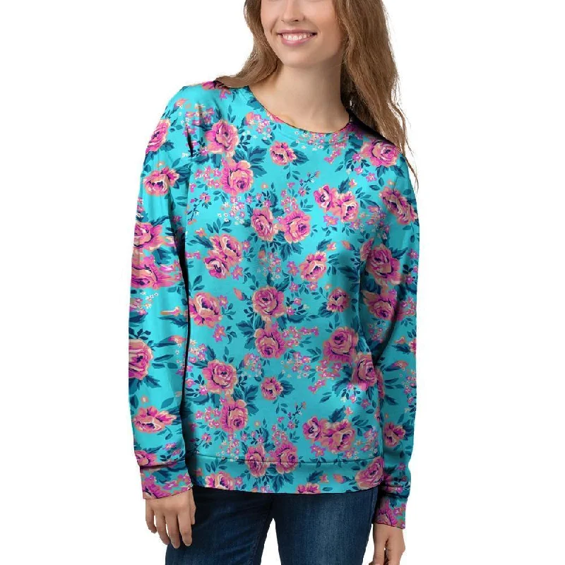 Pink And Blue Rose Floral Women's Sweatshirt Hoodie with Embroidery Detailed Premium Pink And Blue Rose Floral Women's Sweatshirt Hoodie with Embroidery Detailed Premium
