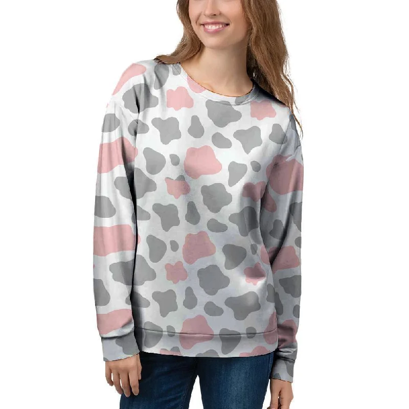 Pink And Grey Cow Print Women's Sweatshirt Hoodie with Hood Adjustable Protection